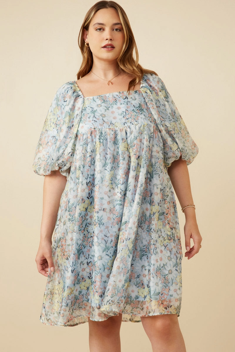 Sleeve Light Mesh-Sleeve Floral Organza Puff Sleeve Dress