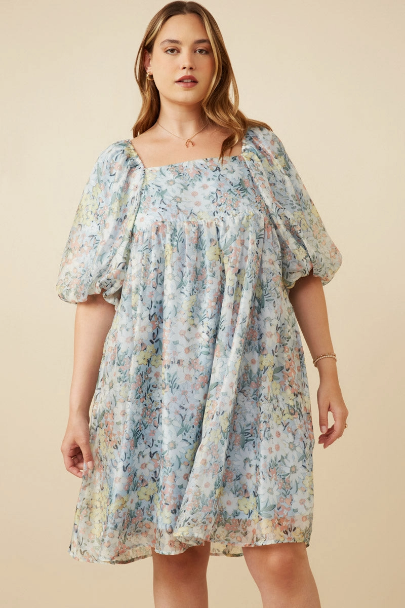Floral Organza Puff Sleeve Dress Ruffle Detail