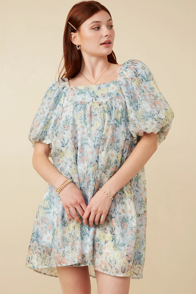 Floral Organza Puff Sleeve Dress Elegant Flow