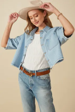 All Weather Piece Frayed Hem Boxy Cropped Denim Chore Jacket