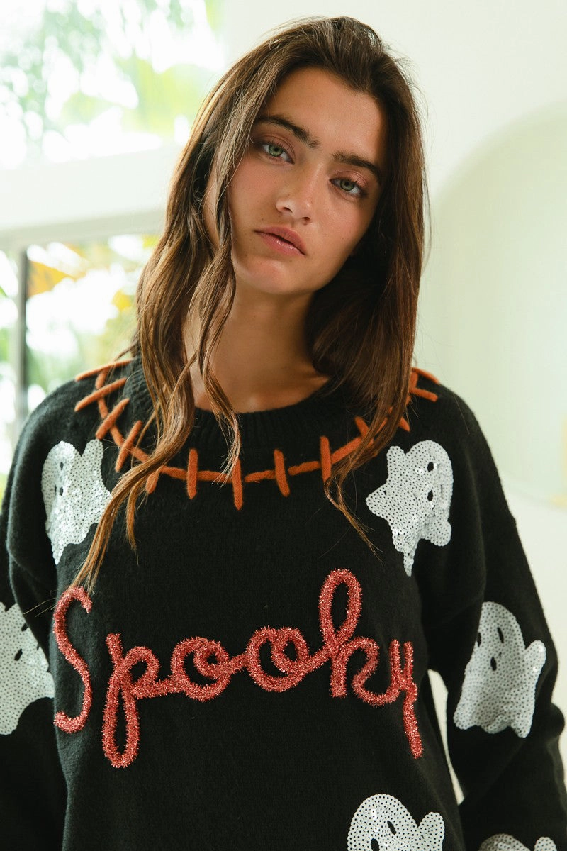 IT1859G-07 | STITCH DETAIL SEQUIN GHOST SPOOKY SWEATER Extra Layer Piece Relaxed Daily Style
