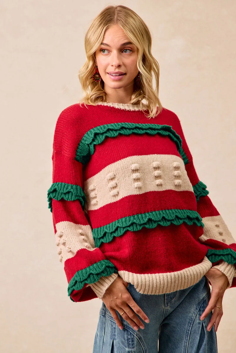 IT4617H-01 | CHRISTMAS THEME RUFFLED DETAILS SWEATER TOP Layered Comfort Look Clean Silhouette