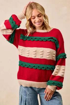 IT4617H-01 | CHRISTMAS THEME RUFFLED DETAILS SWEATER TOP Mark Style Snap Closures