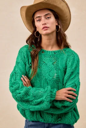 IT4815-01 | SEMI SHEER WEAVE CHUNKY CABLE KNITTING SWEATER TOP Active Daily Wear