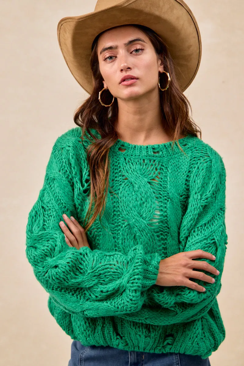 IT4815-01 | SEMI SHEER WEAVE CHUNKY CABLE KNITTING SWEATER TOP Active Daily Wear