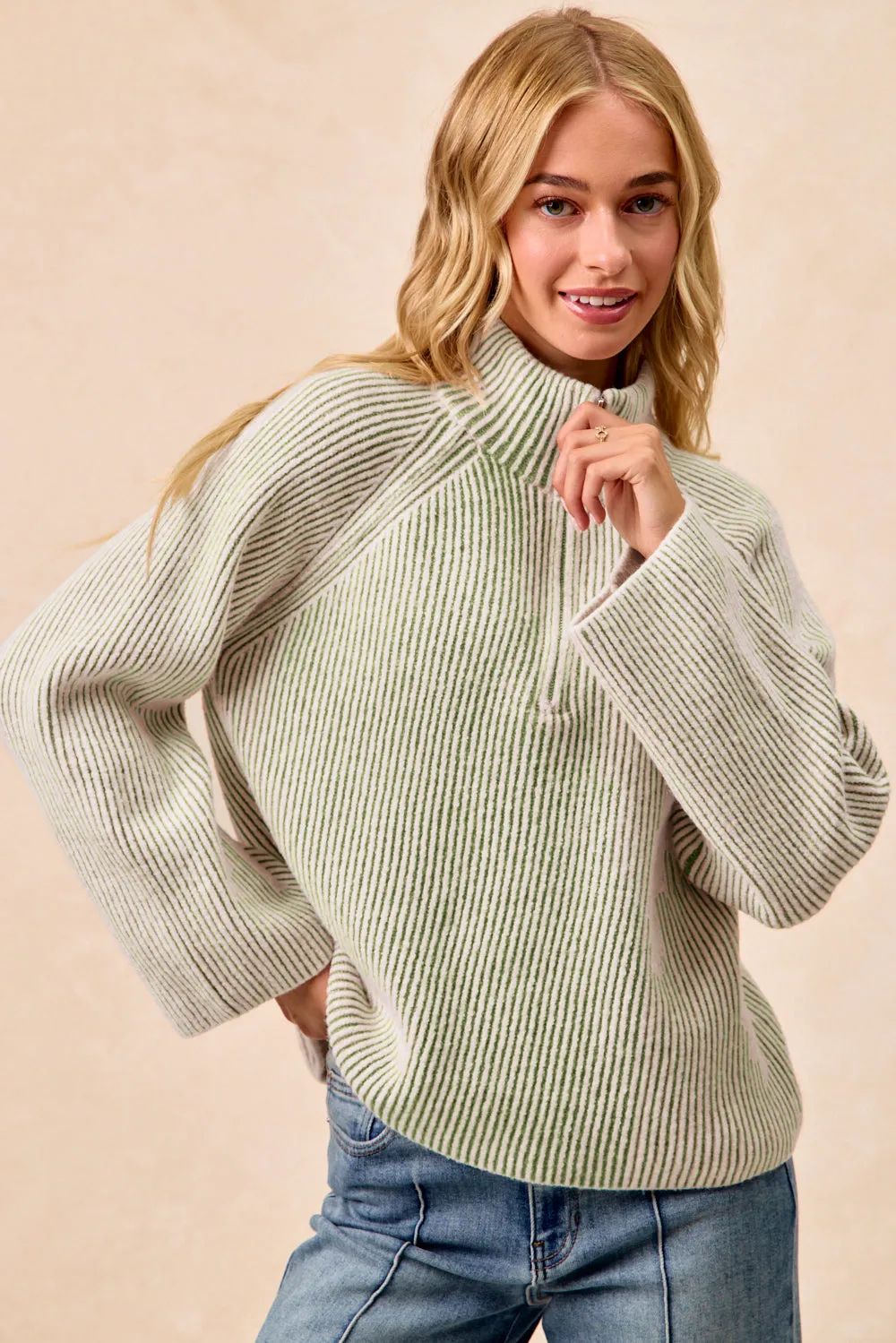 Subtle Color Tone IT4634S-01 | TWO TONE RIB TEXURED KNIT COLLARED TOP WITH ZIP UP