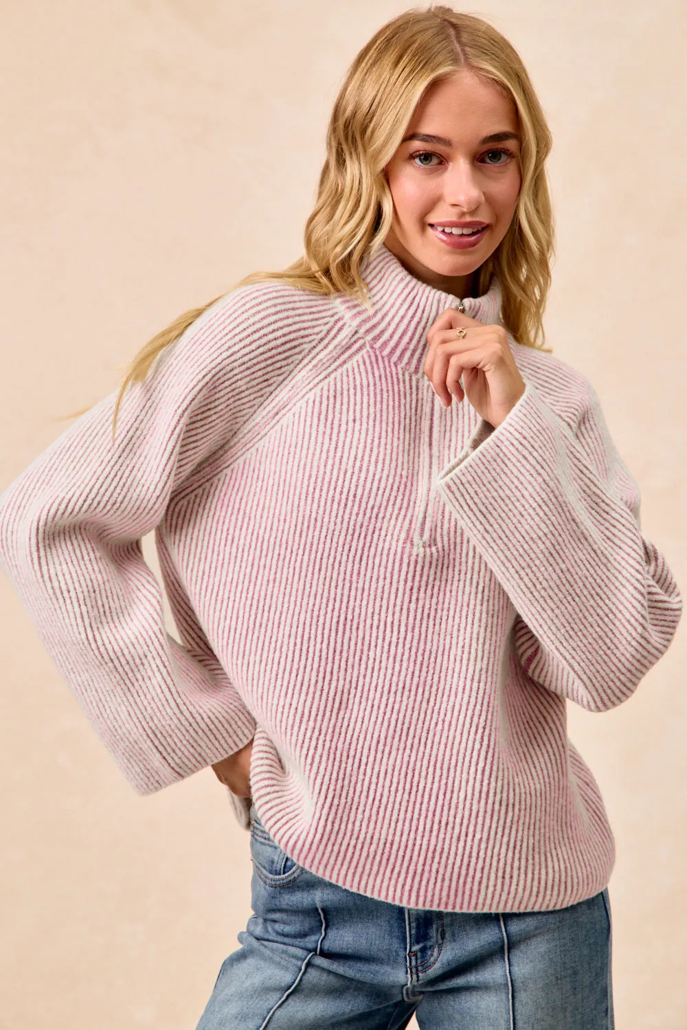 Weekday Street Look IT4634S-01 | TWO TONE RIB TEXURED KNIT COLLARED TOP WITH ZIP UP