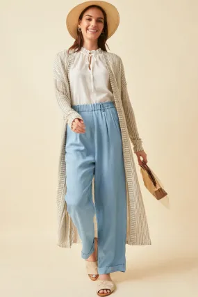 No Wrinkle Quilted Pattern Textured Stripe Loose Knit Side Slit Duster