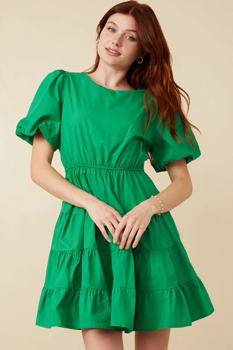 Silky Form Comfortable fit-and-flare dress Bow Back Puff Sleeve Poplin Dress