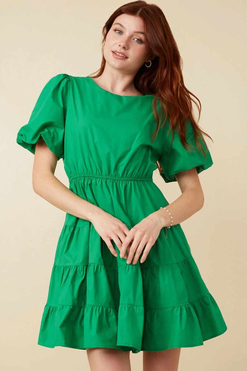 Bow Back Puff Sleeve Poplin Dress Fringe-Detail Casual Comfort