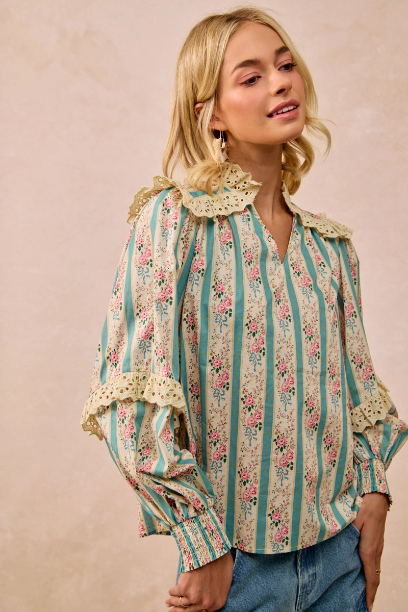 Transitional Daily Fit Sleek Comfort IT4342-01 | FLORAL STRIPED TOP WITH LACE TRIM AND LONG SLEEVES