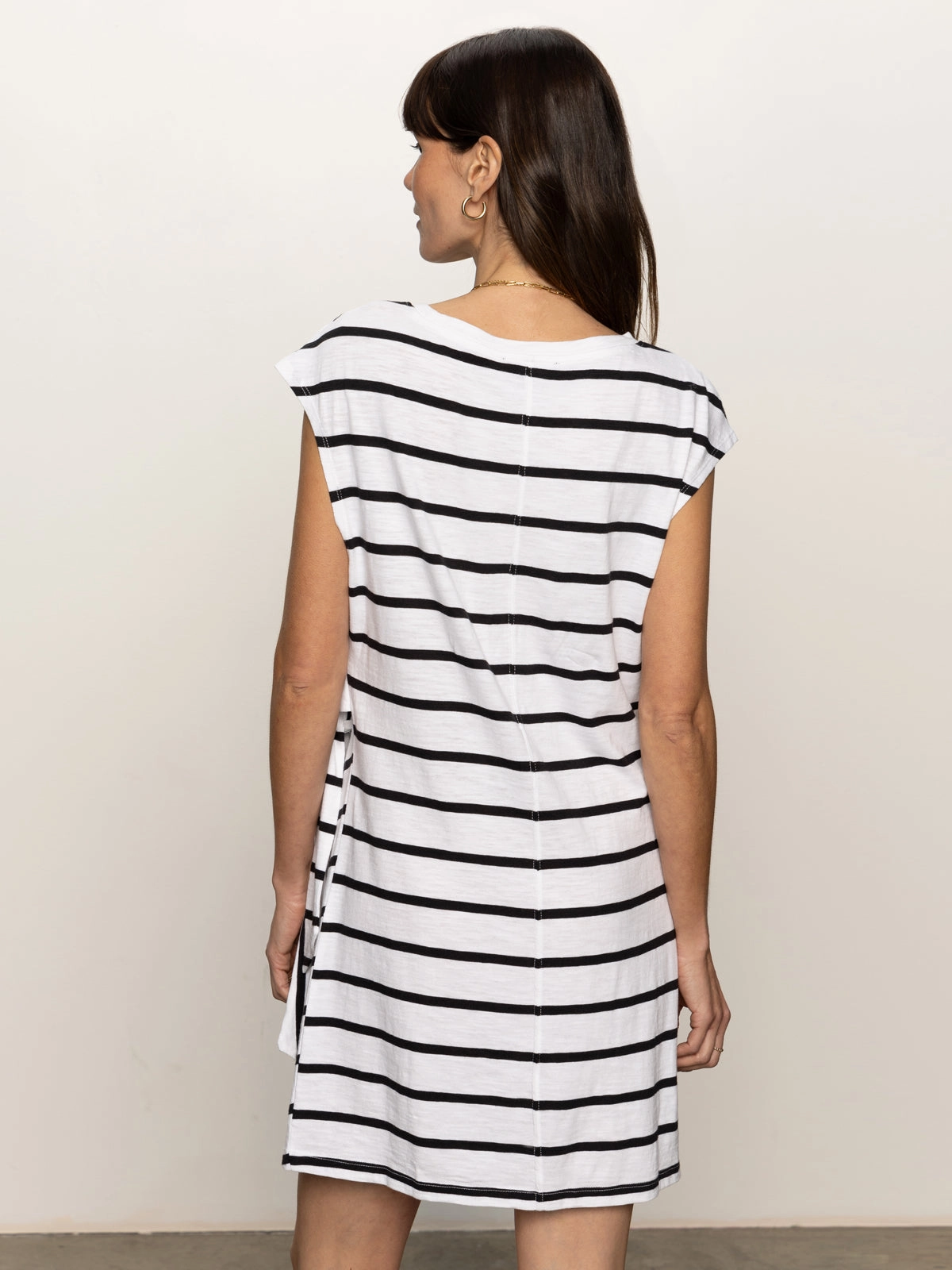 Minimal Look Side Tie T-Shirt Dress White Black Stripe