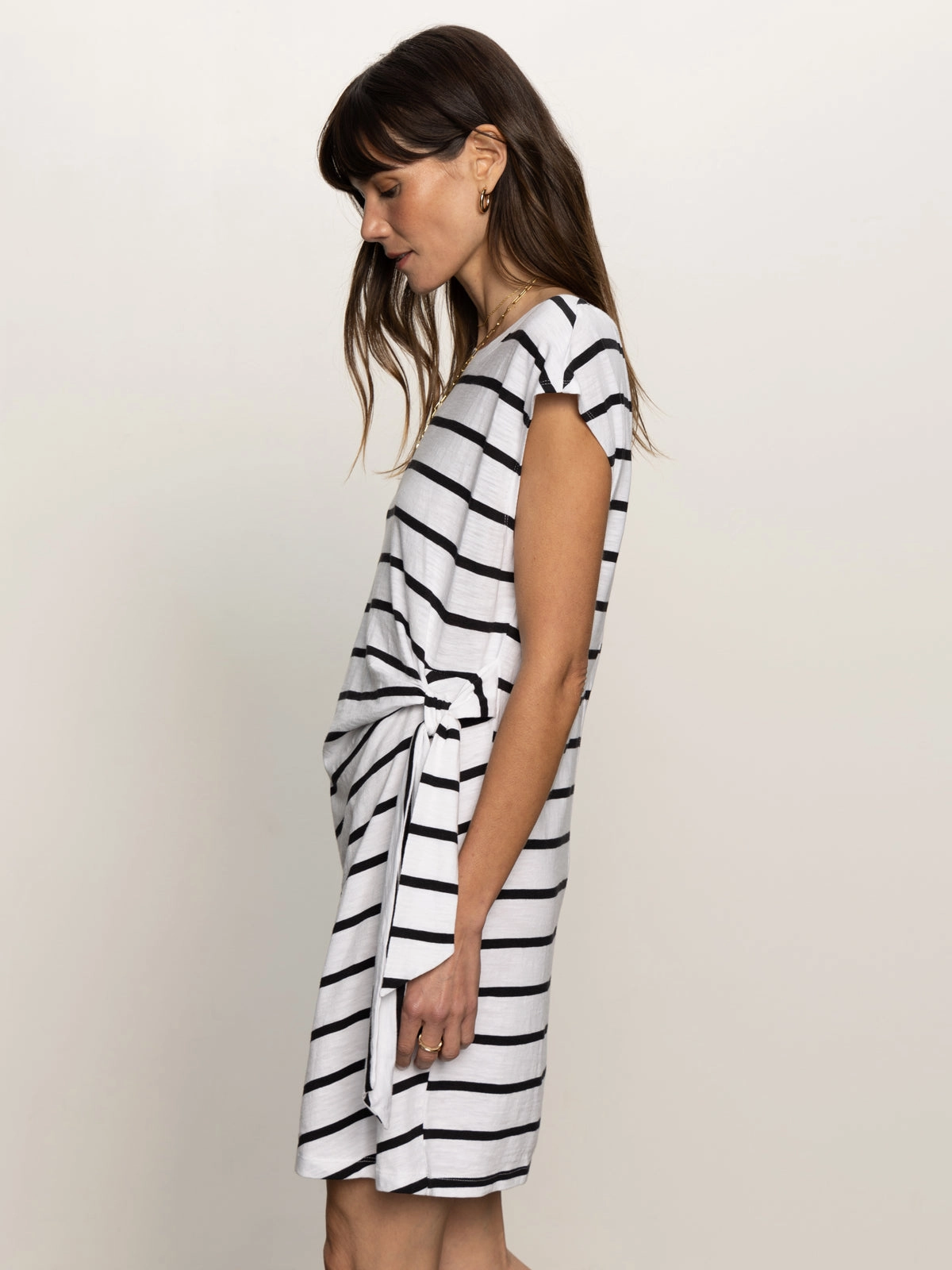 Minimal Look Side Tie T-Shirt Dress White Black Stripe