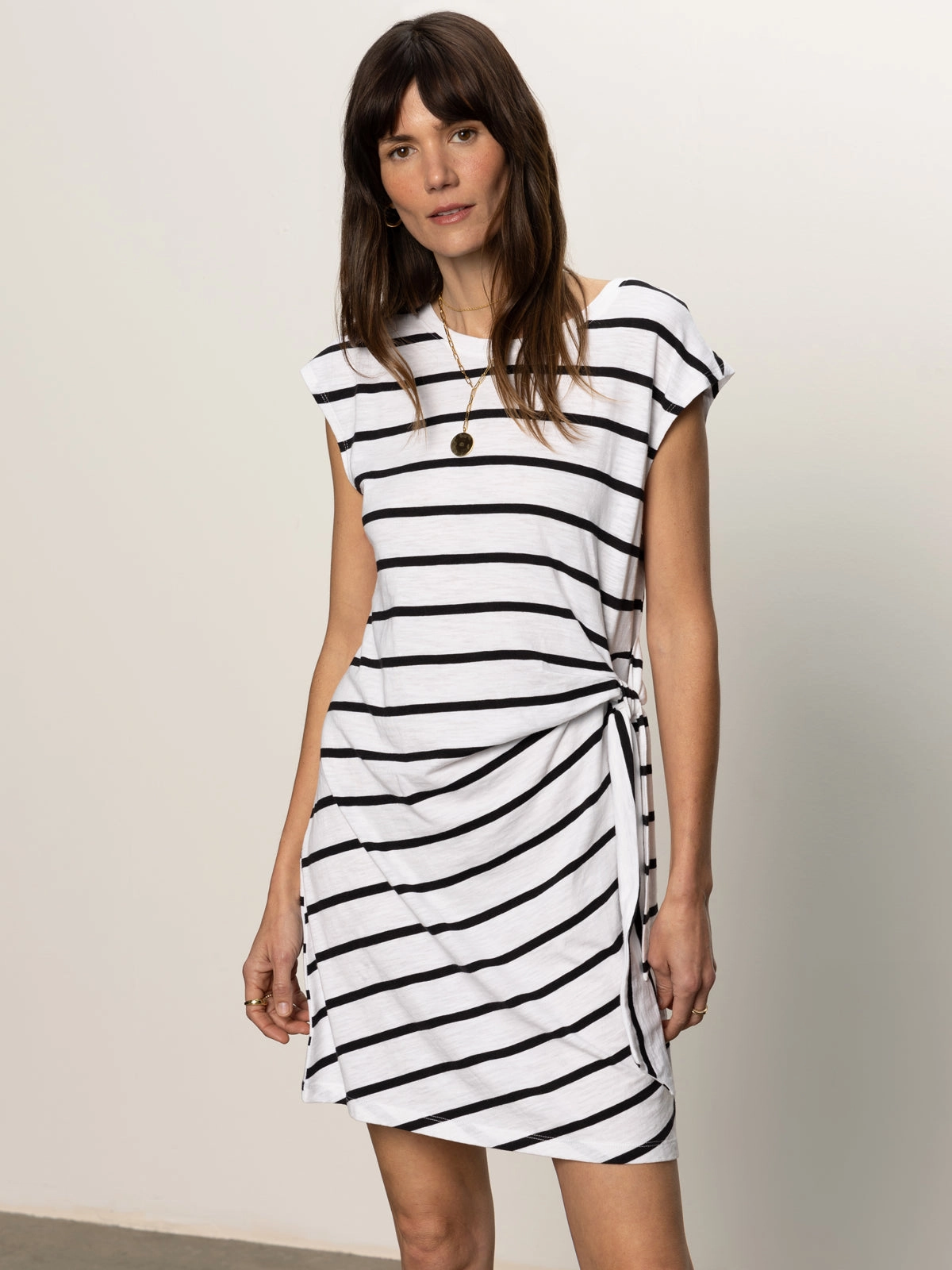 Minimal Look Side Tie T-Shirt Dress White Black Stripe