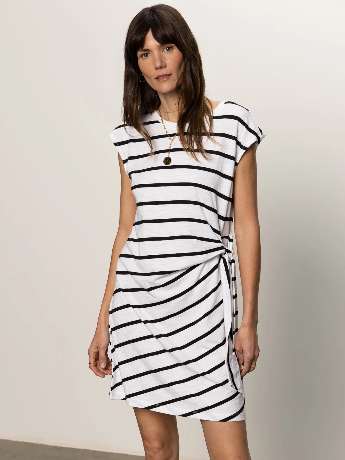 Minimal Look Side Tie T-Shirt Dress White Black Stripe