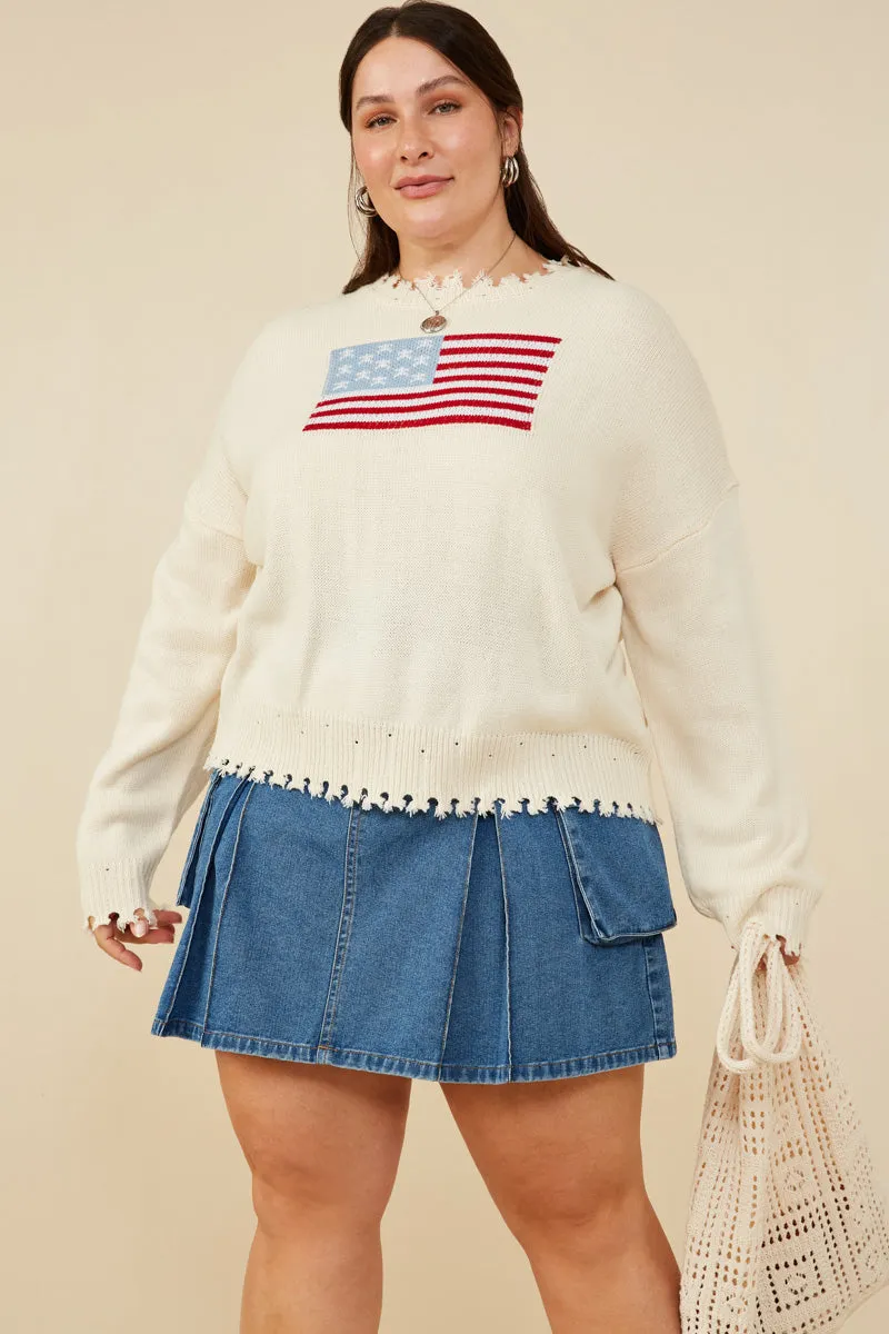 Fringe Detail Womens Distressed Old Glory Graphic Sweater