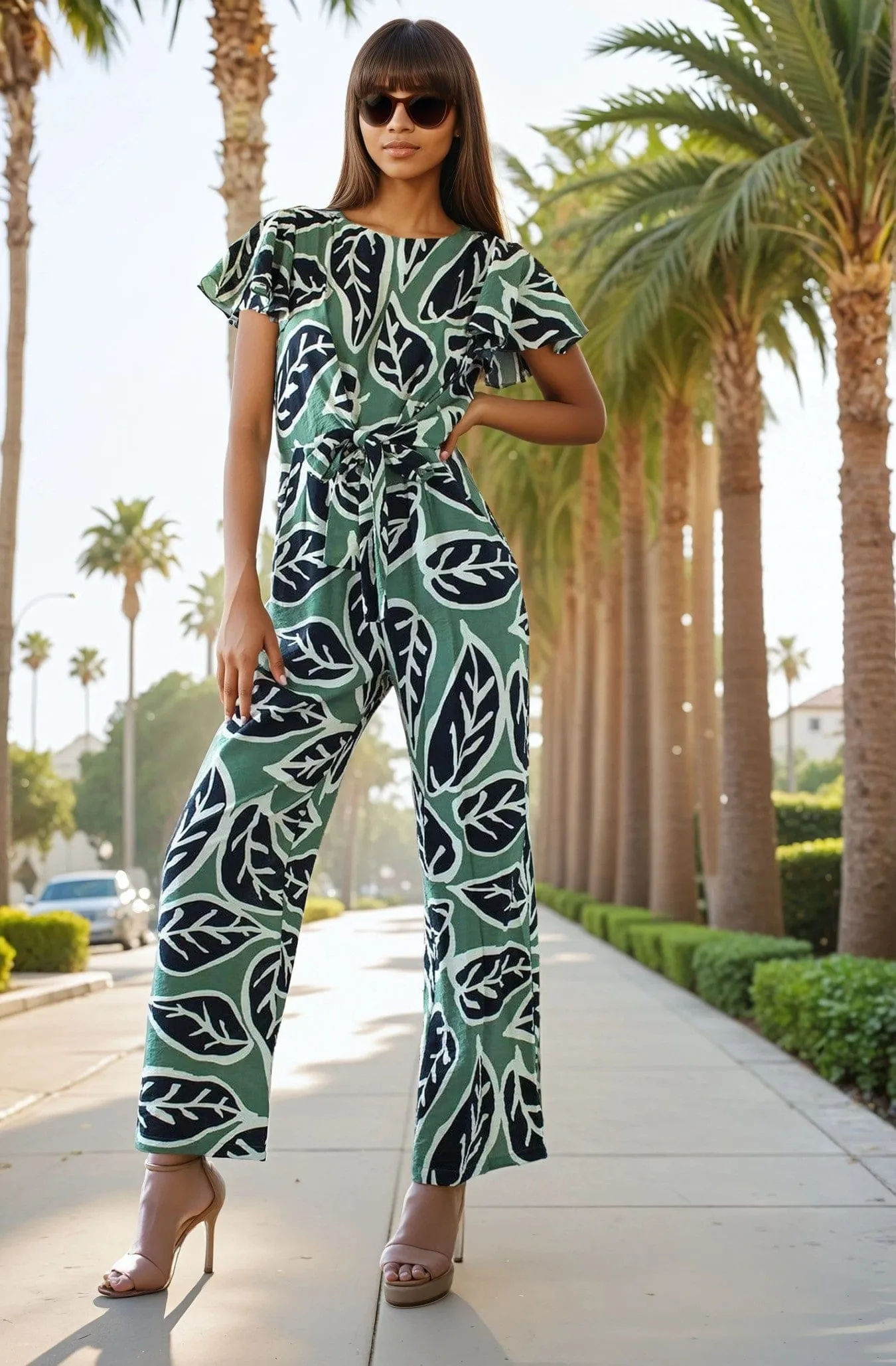 Eva Franco Jumpsuit Miranda Jumpsuit With Tie Waist and Flutter Sleeves - Sage Leaf