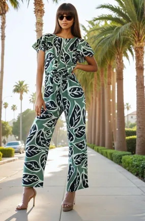 Eva Franco Jumpsuit Miranda Jumpsuit With Tie Waist and Flutter Sleeves - Sage Leaf