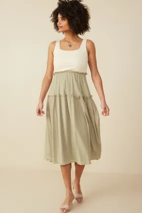 Calm Grace Silky Shape Mix Media Ribbed Knit Square Neck Tank Dress