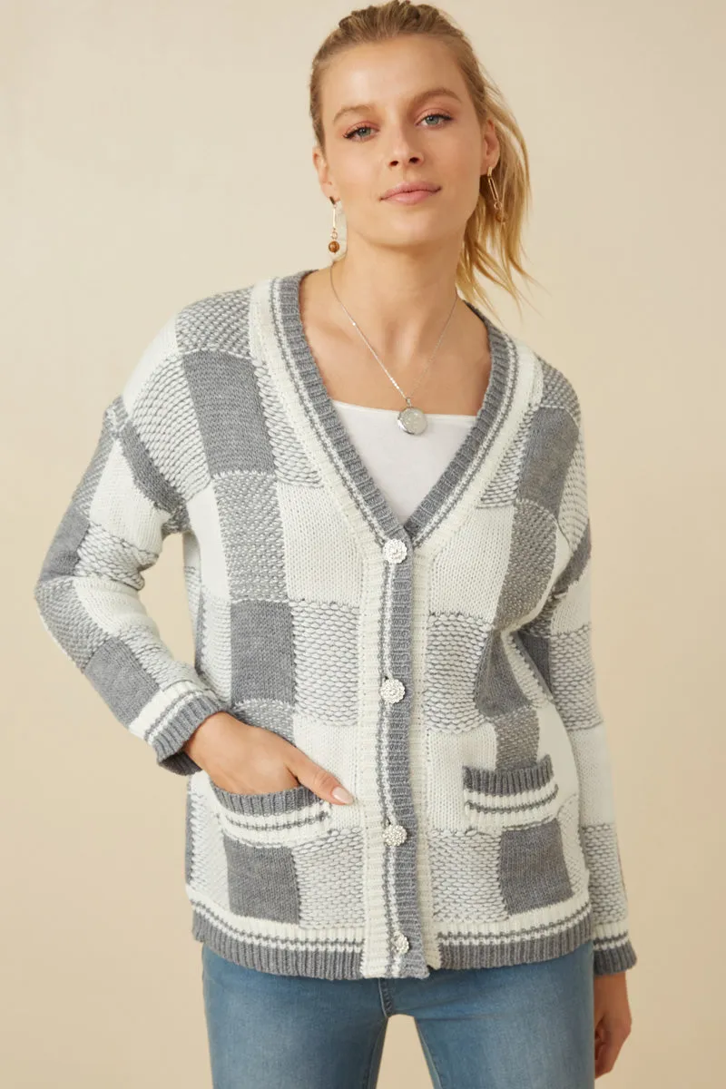 Versatile Design Mixed Knit Statement Button Quilted Sweater Cardigan