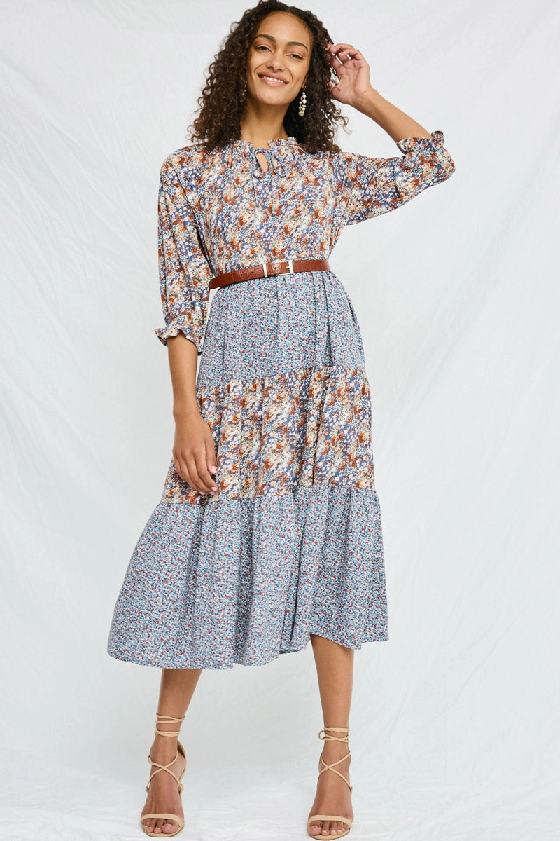 Soft Vibes Easy Layers Mixed Floral Block Ruffle Neck Maxi Dress