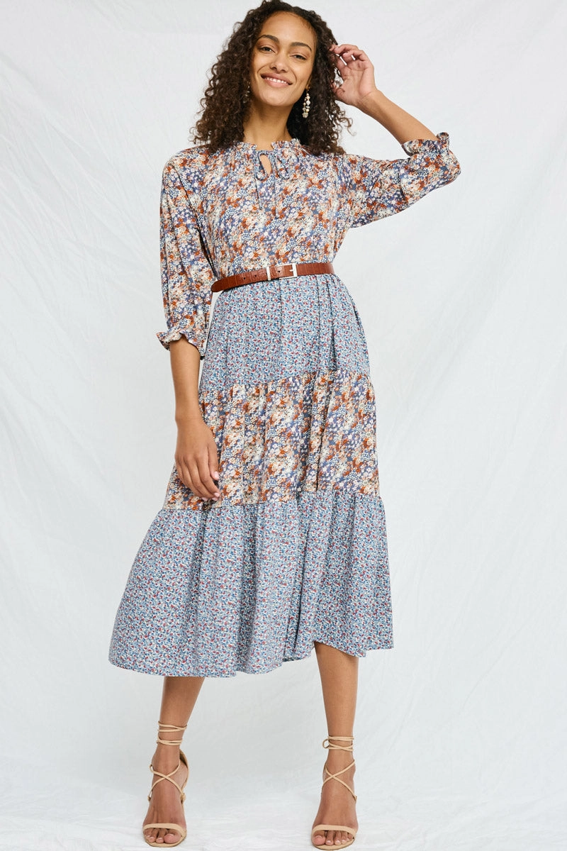 Mixed Floral Block Ruffle Neck Maxi Dress Elegance Glow