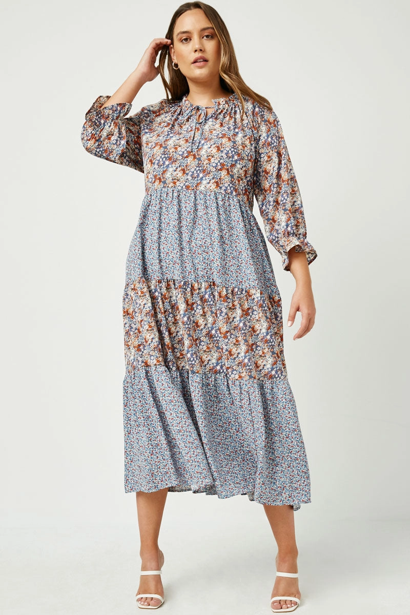 Mixed Floral Block Ruffle Neck Maxi Dress Layered Form