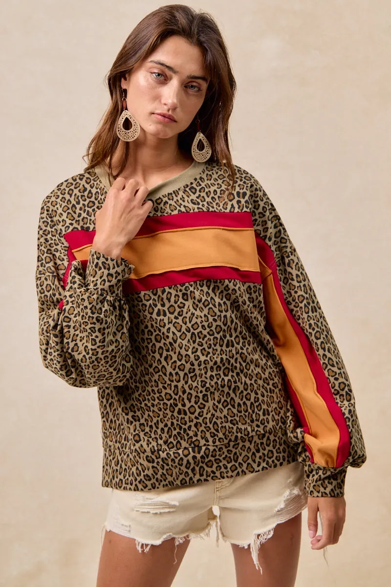 IT1485S-04 | LEOPARD FRENCH TERRY COLOR BLOCK TOP WITH CUT EDGE Light Day Jacket Quilted Pattern