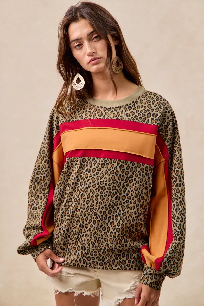 Heavyweight Warmth Commuter Friendly Look IT1485S-04 | LEOPARD FRENCH TERRY COLOR BLOCK TOP WITH CUT EDGE
