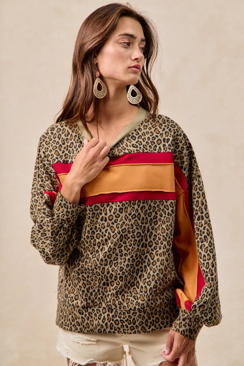 Simple Detail IT1485S-04 | LEOPARD FRENCH TERRY COLOR BLOCK TOP WITH CUT EDGE