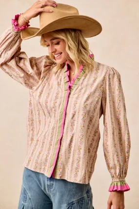 Minimalist Style IT4527G-02 | FLORAL STRIPES PRINTED TOP WITH RUFFLE EDGE DETAIL