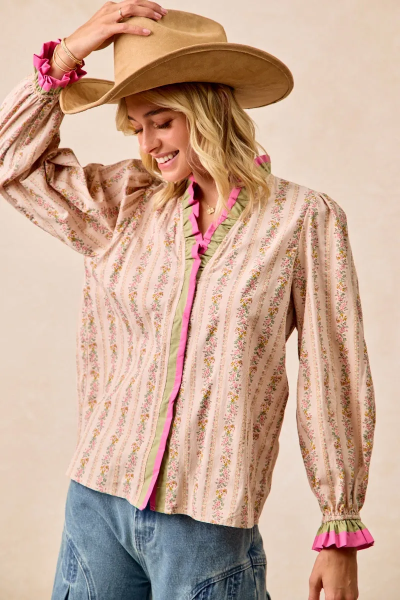 Minimalist Style IT4527G-02 | FLORAL STRIPES PRINTED TOP WITH RUFFLE EDGE DETAIL