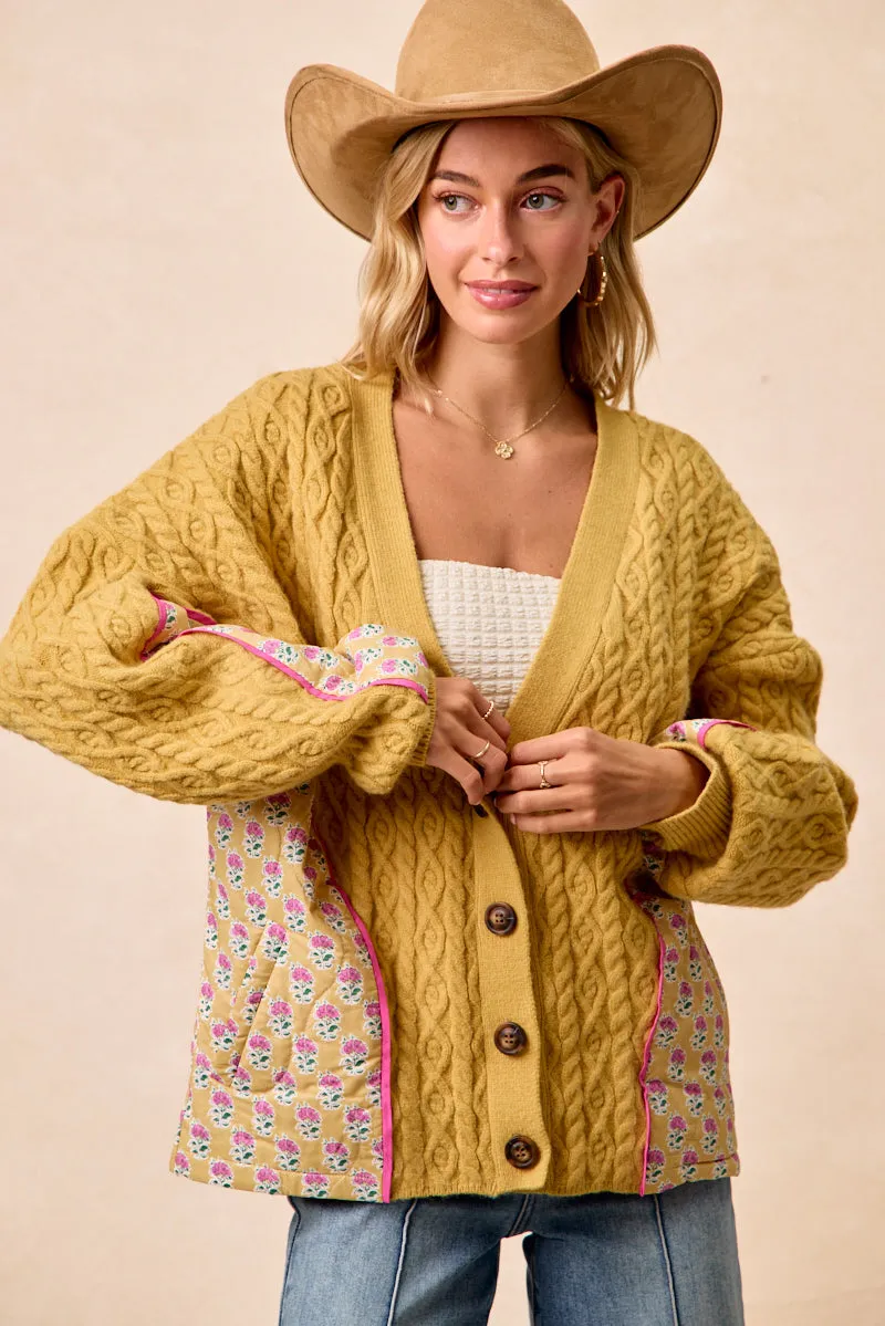 IT4728S-01 | CABLE KNIT FLOWER PRINTED COMBO BUTTON UP CARDIGAN Functional Waist