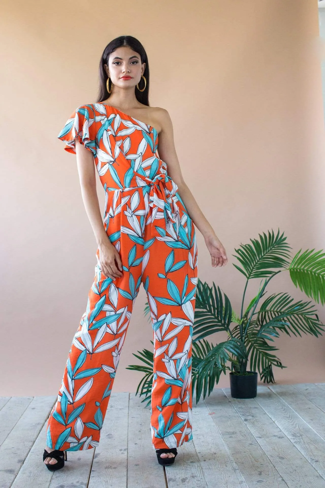 Modern Form Amir One Shoulder Jumpsuit With Flutter Sleeve and Pockets- Rio Flora