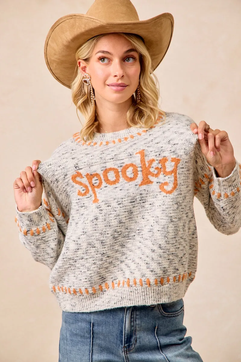 IT4663S-01 | MELANGE SWEATR SPOOKY LETTER KNIT TOP WITH STITCH Ski Use
