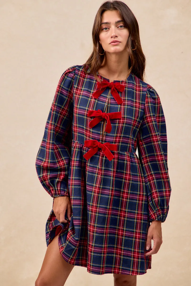 Fashionable Waist Functional Fit ID2052S-01 | CHRISTMAS PLAID FRONT VELVET TIED DRESS