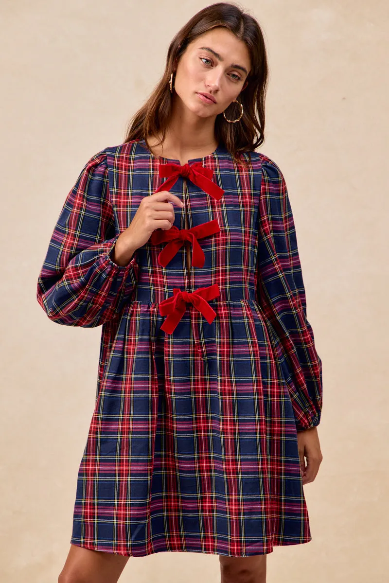 Casual Edge ID2052S-01 | CHRISTMAS PLAID FRONT VELVET TIED DRESS