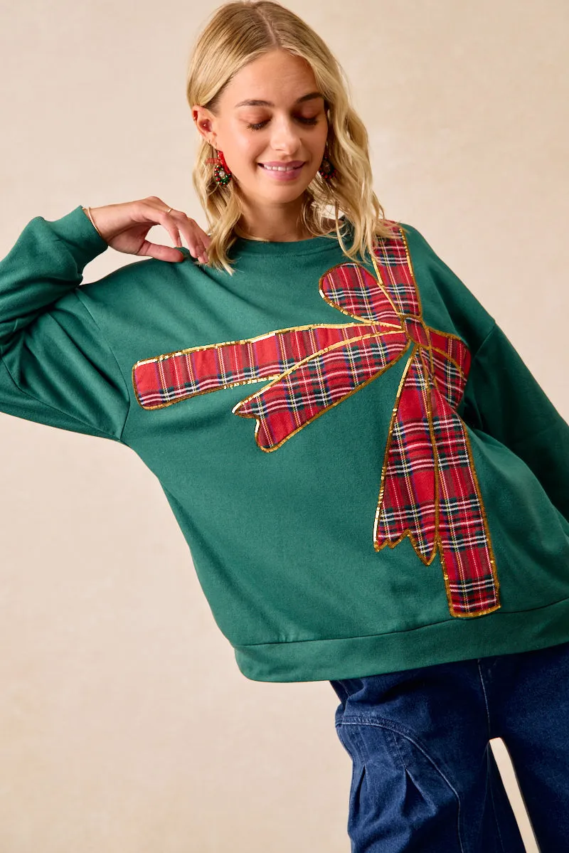 Subtle Design Detail Sleek Casual IT1508-34 | PLAID RIBBON BOW DETAIL CHRISTMAS FLEECE PULLOVER