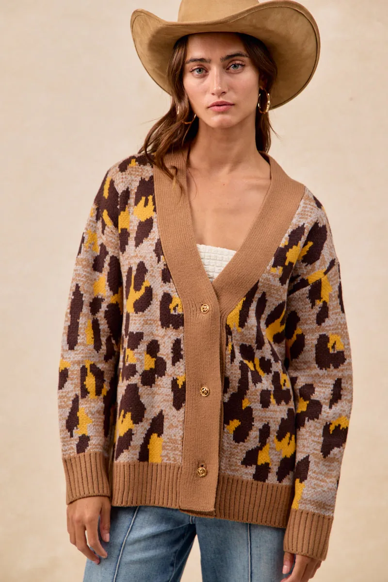 IT4804-01 | LEOPARD ARTWORK SWEATER CARDIGAN WITH FRONT BUTTON City Style Transitional Weather Piece