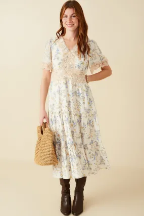 Smooth Finish Contrast Lace Detailed Floral Dress