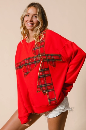 IT1508-34 | PLAID RIBBON BOW DETAIL CHRISTMAS FLEECE PULLOVER Timeless Style