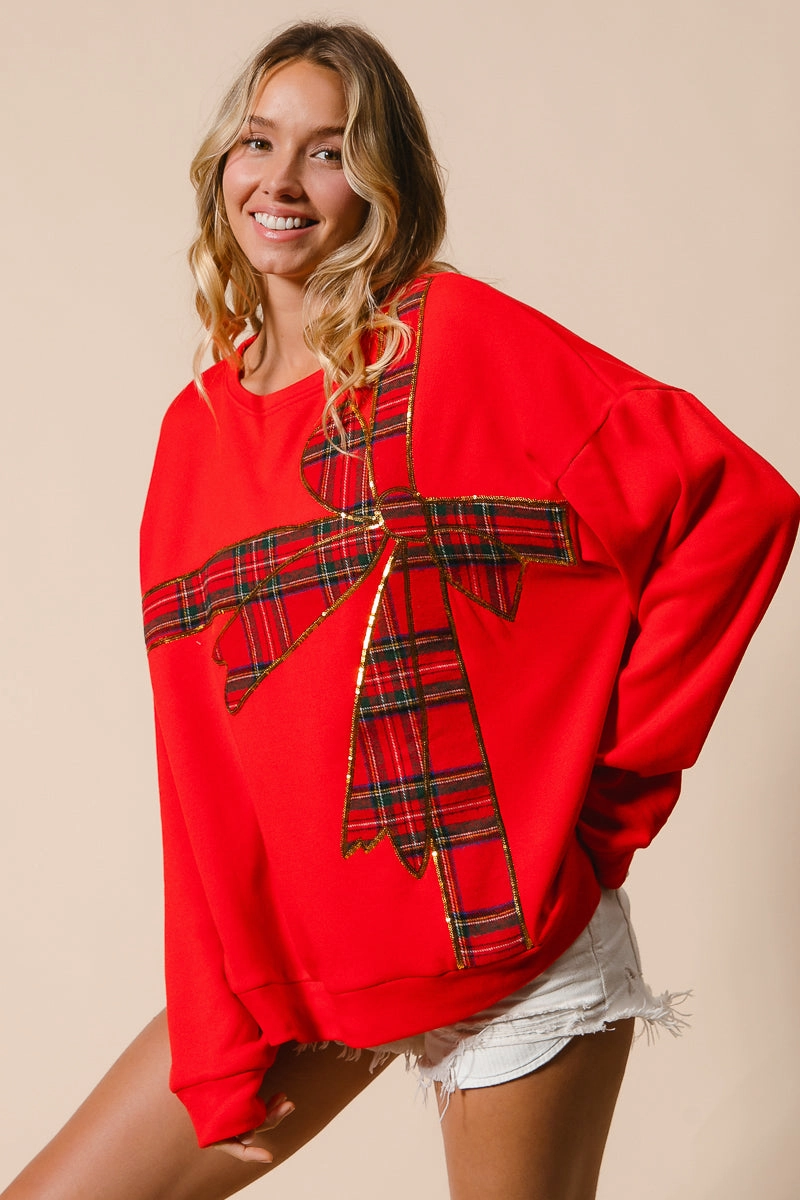 IT1508-34 | PLAID RIBBON BOW DETAIL CHRISTMAS FLEECE PULLOVER Timeless Style