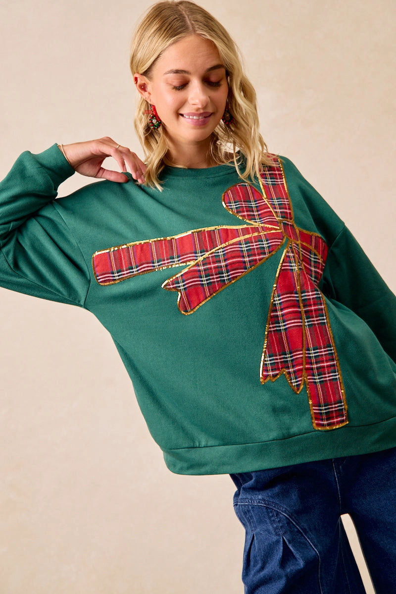 Slim Silhouette IT1508-34 | PLAID RIBBON BOW DETAIL CHRISTMAS FLEECE PULLOVER
