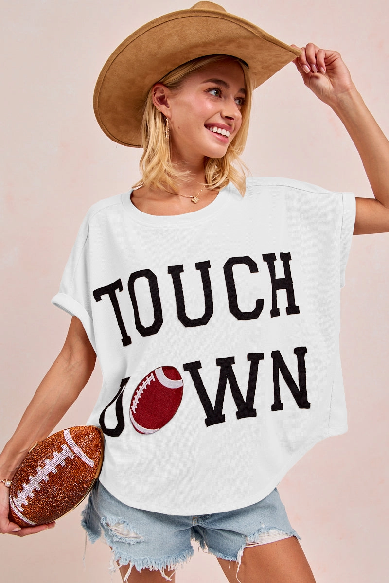IP8188G-60 | GAMEDAY TOUCHDOWN LETTER PATCHES WAFFLE SHORT TOP Vintage Inspired Everyday Layers