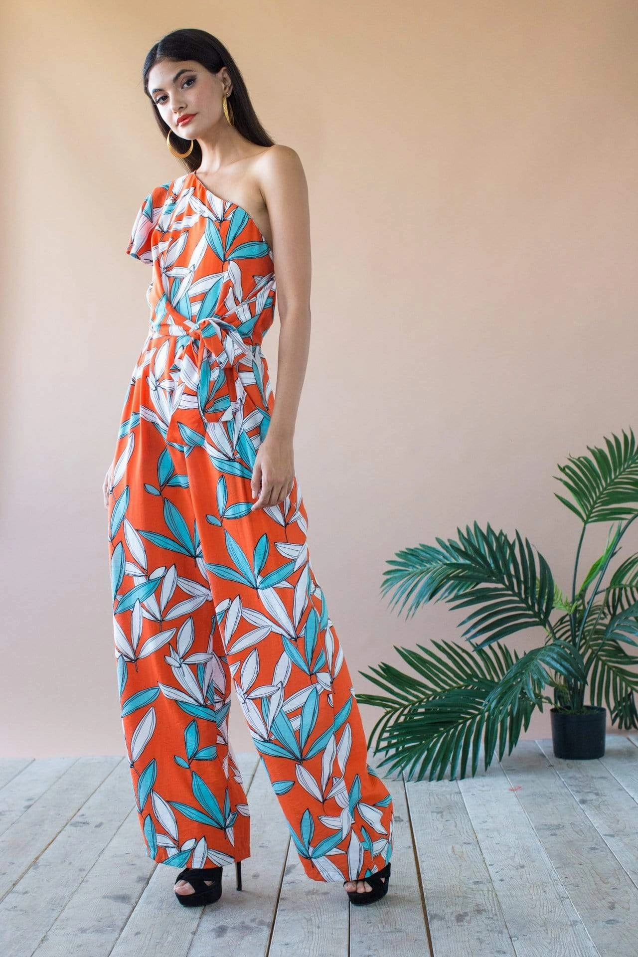 Modern Form Amir One Shoulder Jumpsuit With Flutter Sleeve and Pockets- Rio Flora