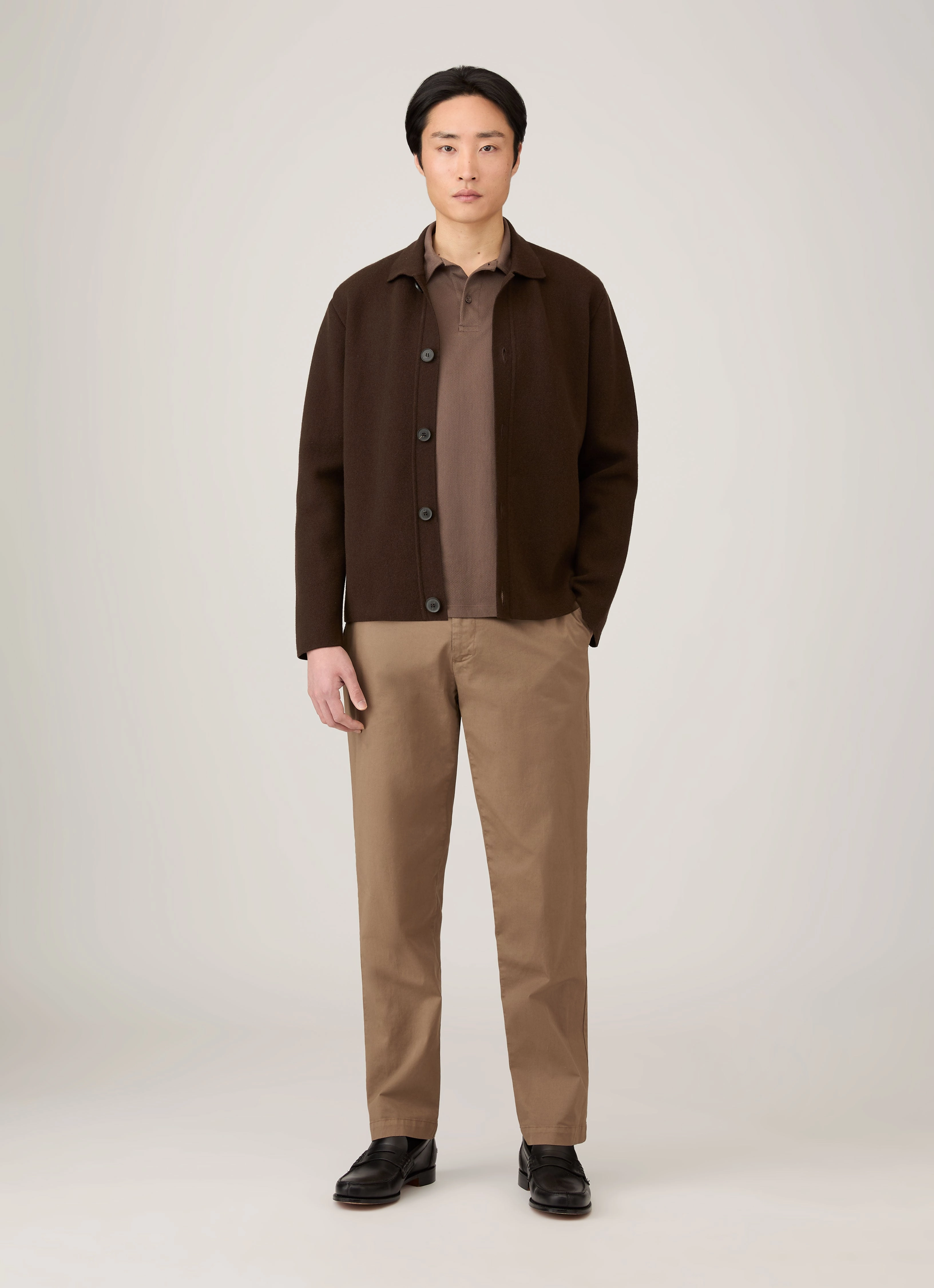 Modern Piece Work Men's Long Sleeve Riviera Polo Shirt in Bark