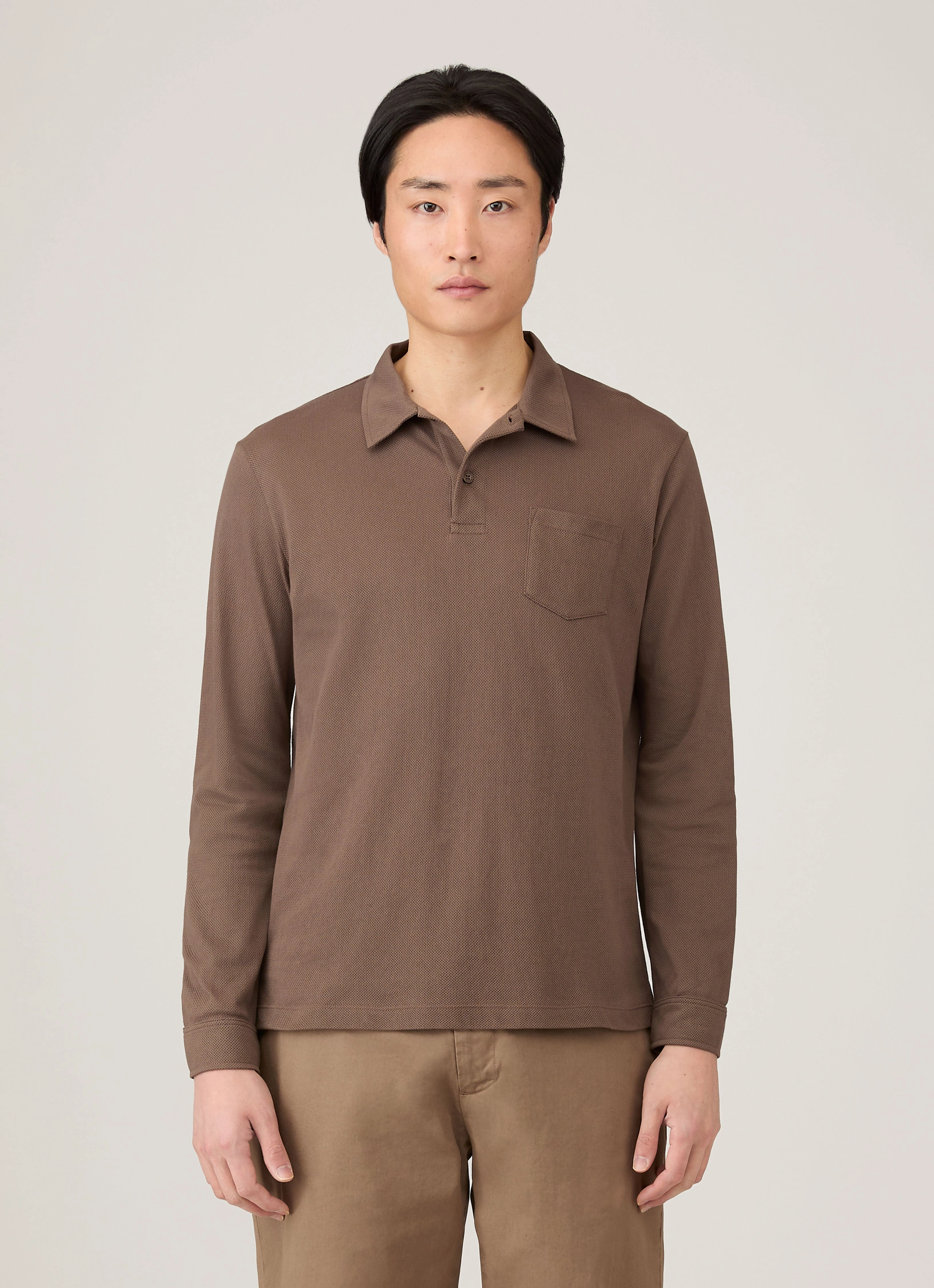 Modern Piece Work Men's Long Sleeve Riviera Polo Shirt in Bark