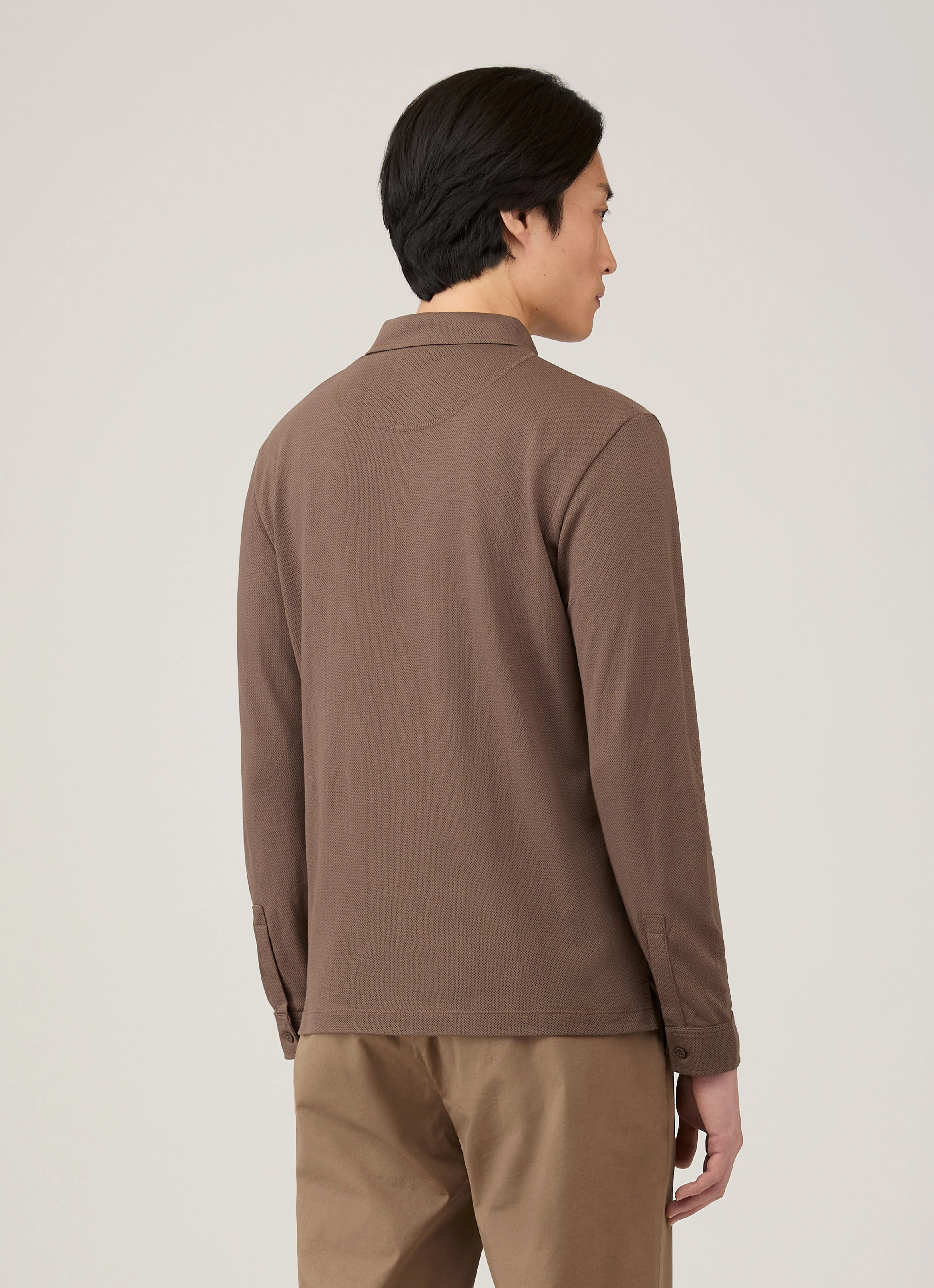 Modern Piece Work Men's Long Sleeve Riviera Polo Shirt in Bark