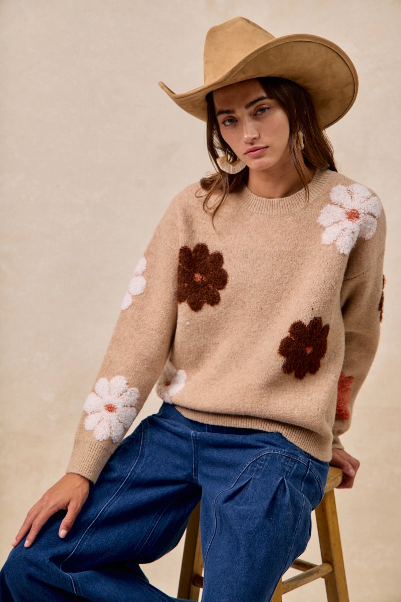 IT4679-01 | FLOWER EMBROIDERED SWEATER WITH LONG SLEEVES Wrinkle Resistant Smooth Fabric