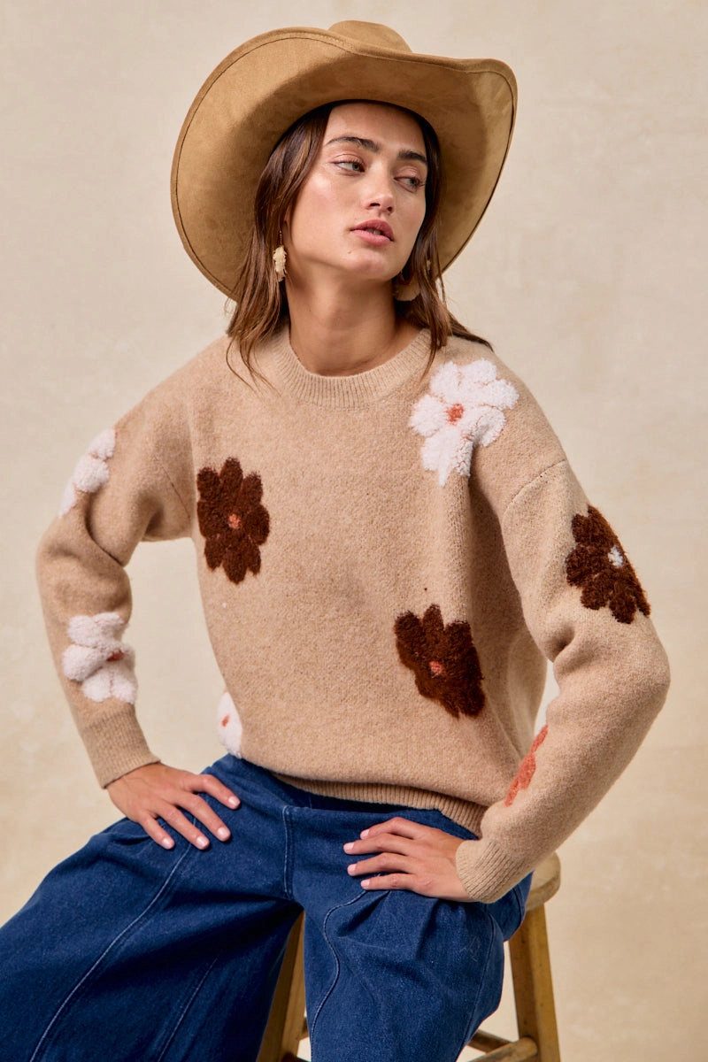 IT4679-01 | FLOWER EMBROIDERED SWEATER WITH LONG SLEEVES breath easy Day To Night